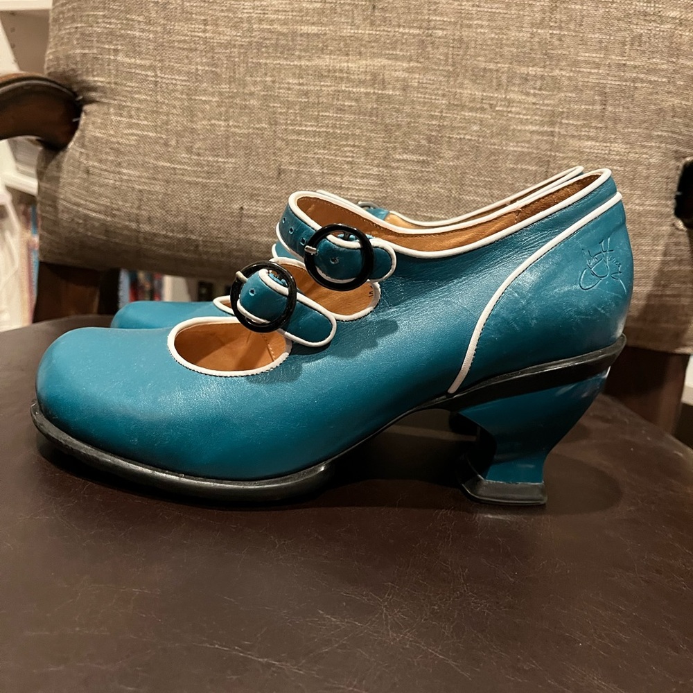 John Fluevog “The Liz” Teal Double-Strap Heels